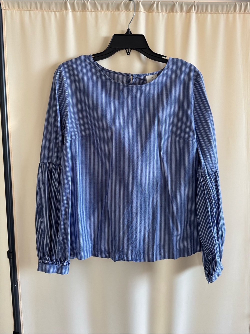 Women Blue Striped Balloon-Sleeve Top Blouse size Large